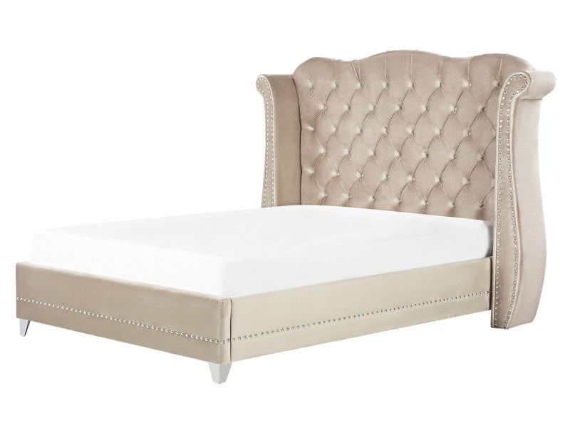 Bed Frame Beige Velvet EU King Size 5ft3 Slatted Base Button Tufted Headboard Nailhead Trim Beliani