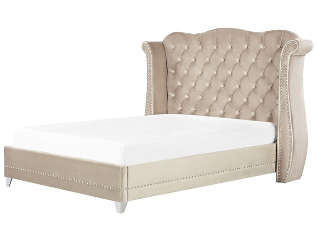 Bed Frame Beige Velvet EU Super King Size 6ft Slatted Base Button Tufted Headboard Nailhead Trim Beliani