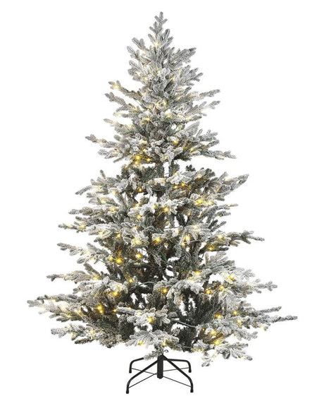 Artificial Christmas Tree White Synthetic 180 cm Snow Frosted Flocked Hinged Branches LED Fairy Lights Holiday Beliani