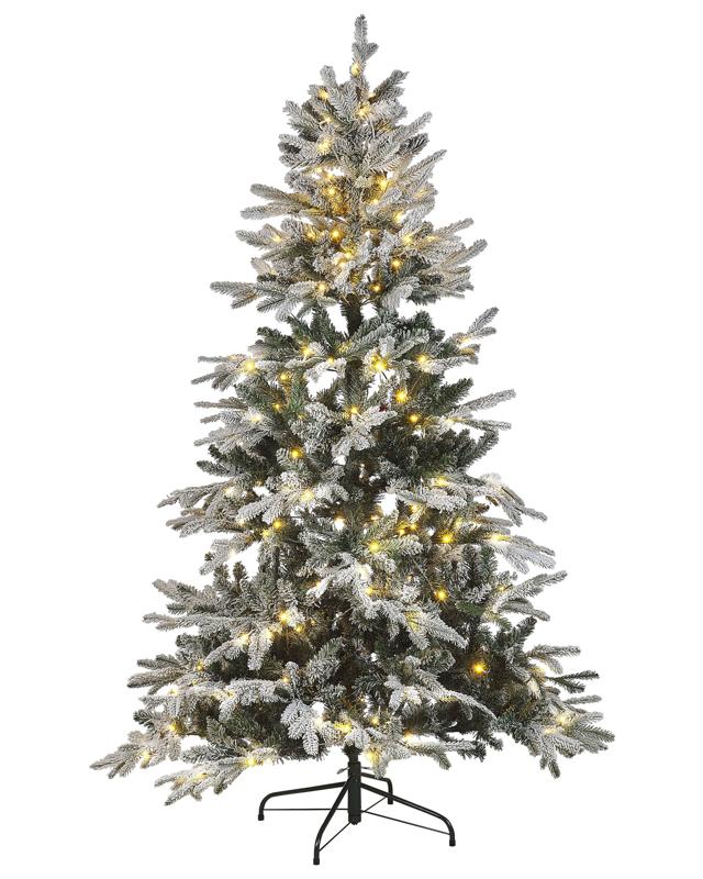 Artificial Christmas Tree White Synthetic 180 cm Snow Frosted Flocked Hinged Branches LED Fairy Lights Holiday Beliani