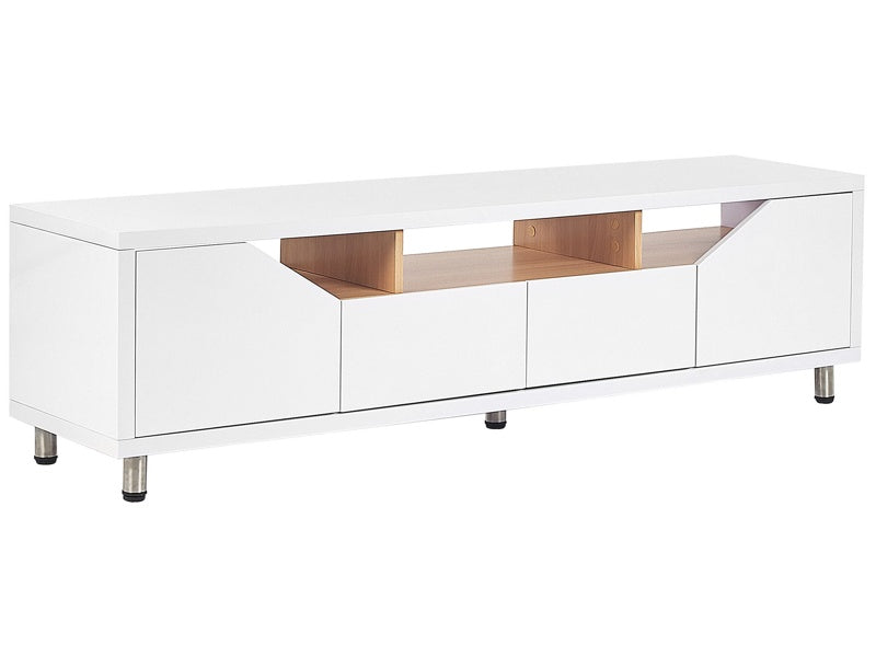 TV Stand White MDF High Gloss Cabinet Open Shelves 2 Cabinets 2 Drawers  Minimalistic  Beliani