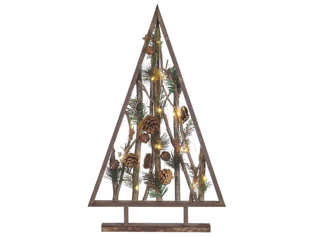 Decorative Figurine Christmas Tree Dark Pine Wood 62 cm with Pine Cones LED Lights Rustic Boho Design Beliani