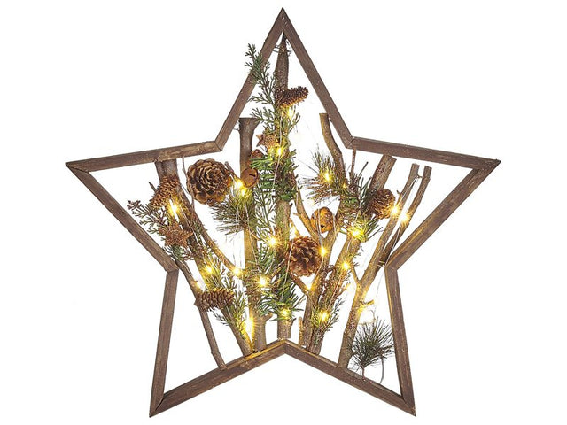 Decorative Figurine Christmas Star Dark Pine Wood 46 cm with Pine Cones LED Lights Rustic Boho Design Beliani