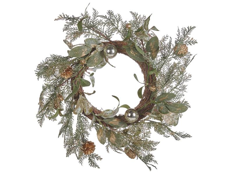 Christmas Wreath Green Gold Synthetic Material 45 cm Pine Cones Snow Baubles Traditional Design Round Beliani