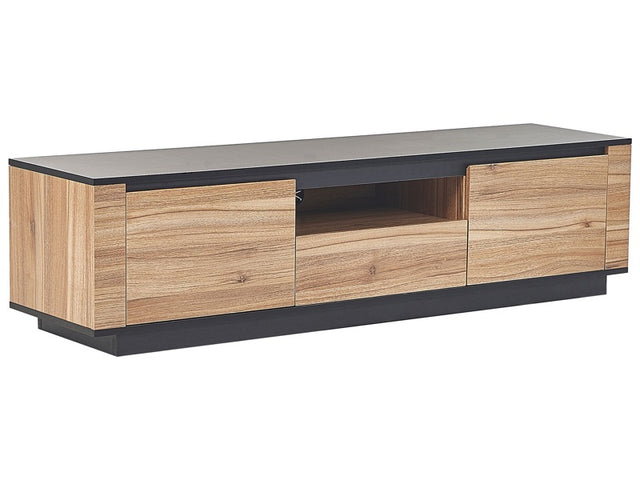 TV Stand Light Wood and Black MDF 1 Drawers 2 Cabinets Cable Grommet Modern Style  Beliani