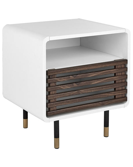 Bedside Table White Finish 50 x 40 x 45 cm Rustic Hinged Slatted Doors Cabinet Beliani