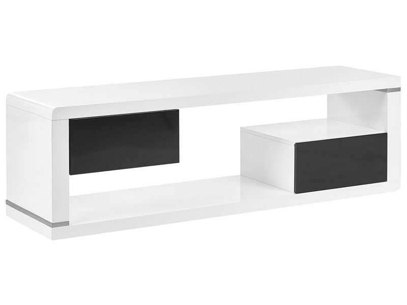 TV Stand White and Black MDF High Gloss Cabinet with 2 Drawers Open Storage Minimalistic  Beliani