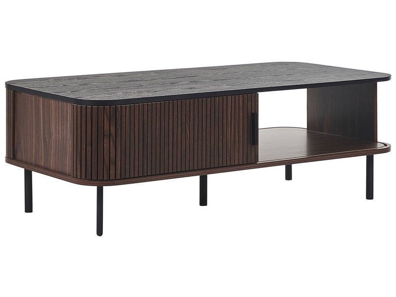 Coffee Table Dark Wood Finish 120 x 60 cm Rustic Sliding Doors Cabinet Beliani