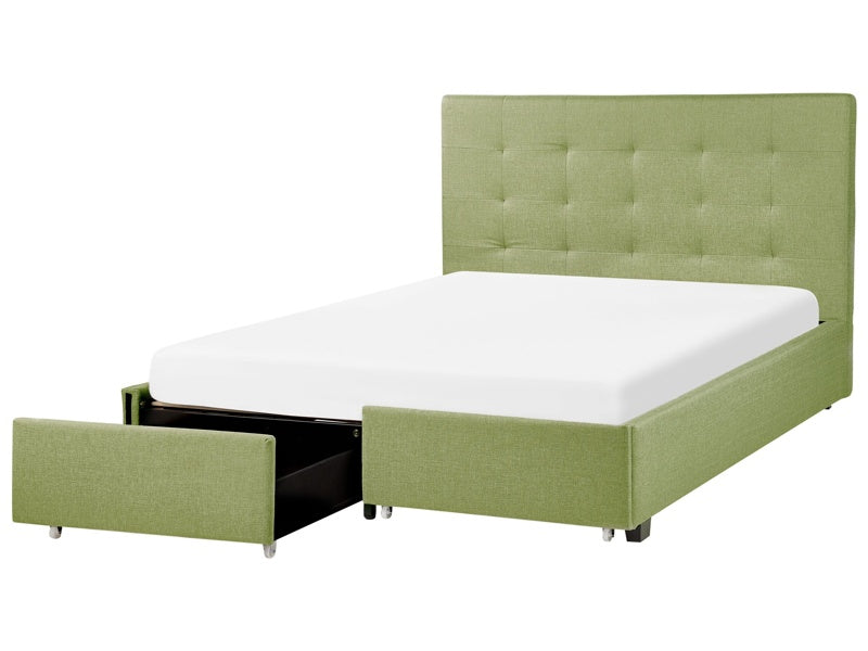 EU Double Size Bed Green Fabric 4ft6 Upholstered Frame Buttoned Headrest with Storage Drawers Beliani