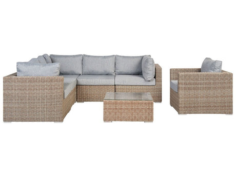 Garden Lounge Set Brown PE Rattan Right Hand Corner Sofa Armchair Coffee Table Grey Cushions Beliani