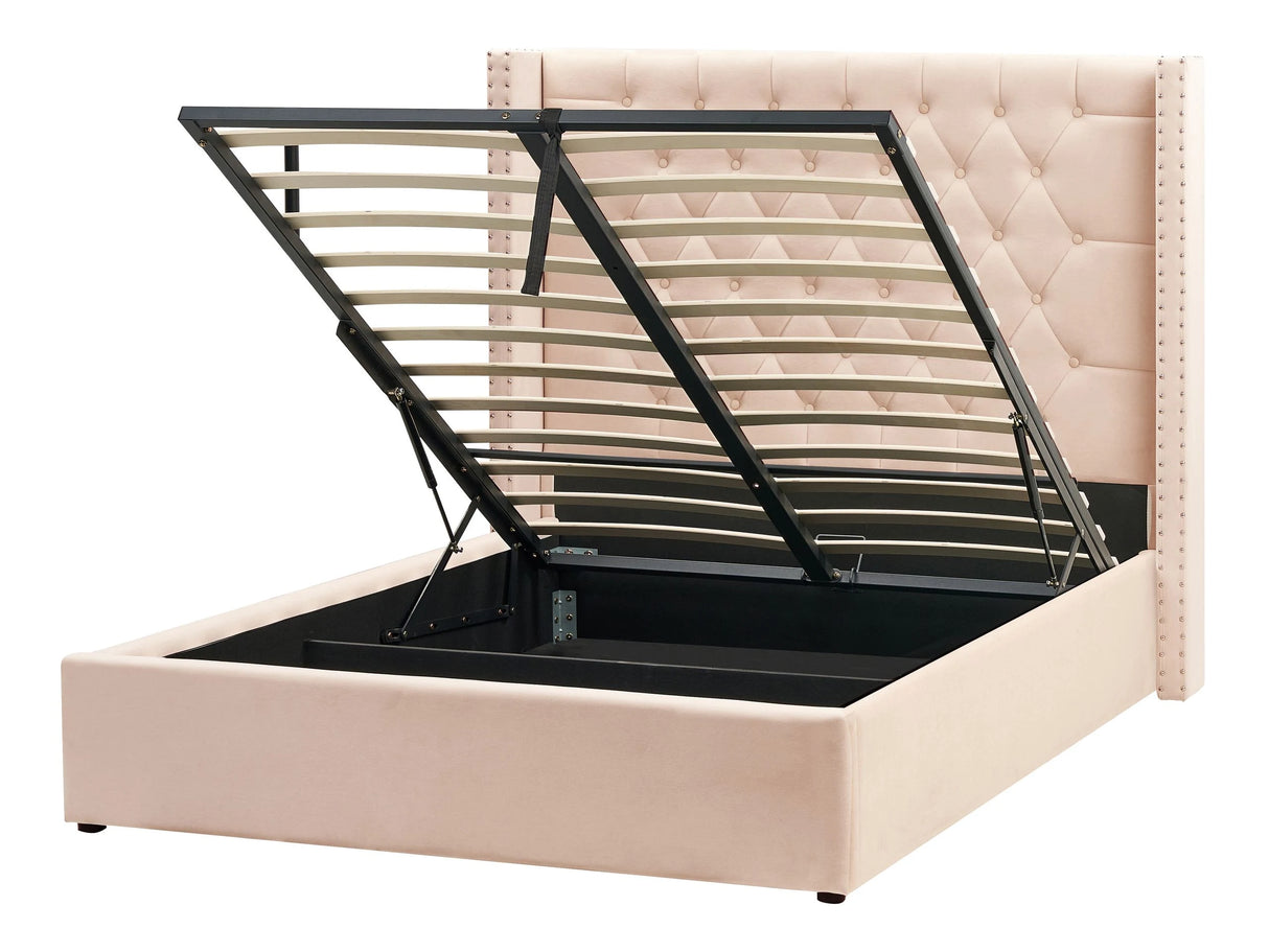 Bed Frame with Storage Beige Velvet Upholstered 4ft6 EU Double Size High Headboard Beliani