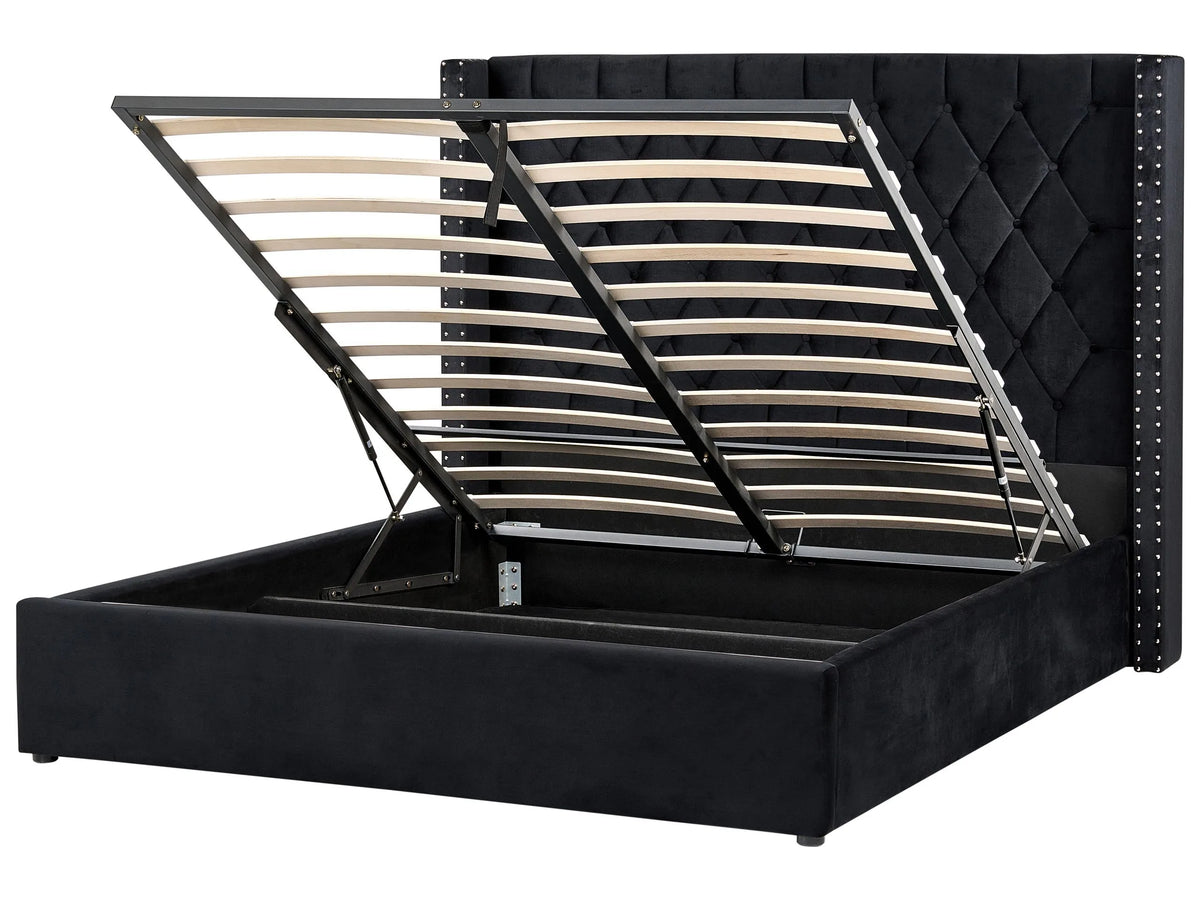Bed Frame with Storage Black Velvet Upholstered 5ft3 EU King Size High Headboard Beliani