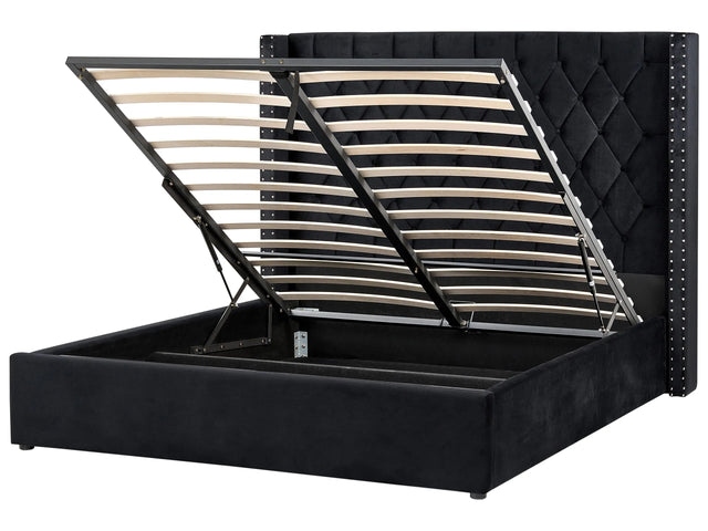 Bed Frame with Storage Black Velvet Upholstered 5ft3 EU King Size High Headboard Beliani