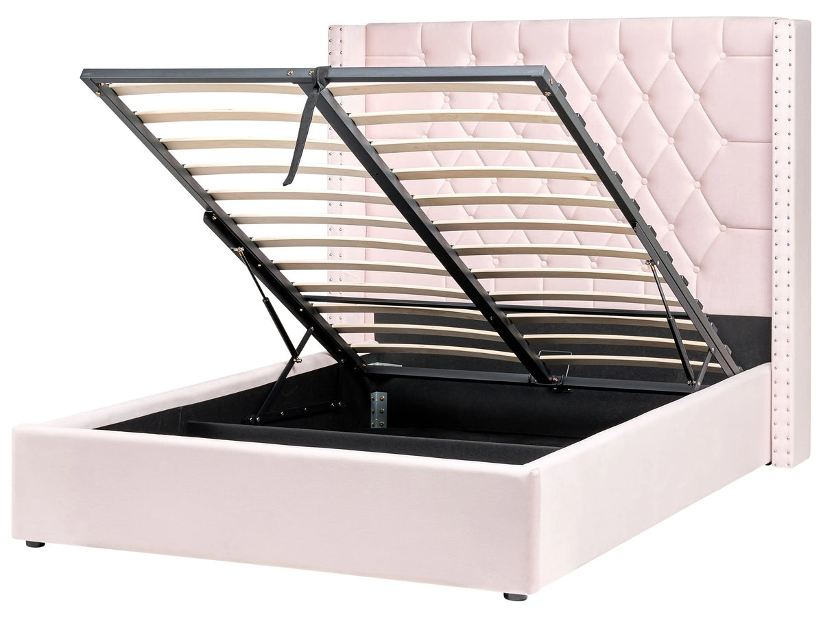 Bed Frame with Storage Pink Velvet Upholstered 4ft6 EU Double Size High Headboard Beliani