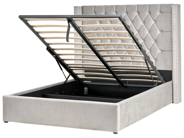 Bed Frame with Storage Light Grey Velvet Upholstered 4ft6 EU Double Size High Headboard Beliani