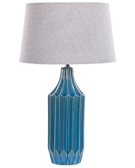 Table Lamp Teal Blue Ceramic Ribbed Base Fabric Shade Ambient Lighting Bedside Table Lamp Beliani