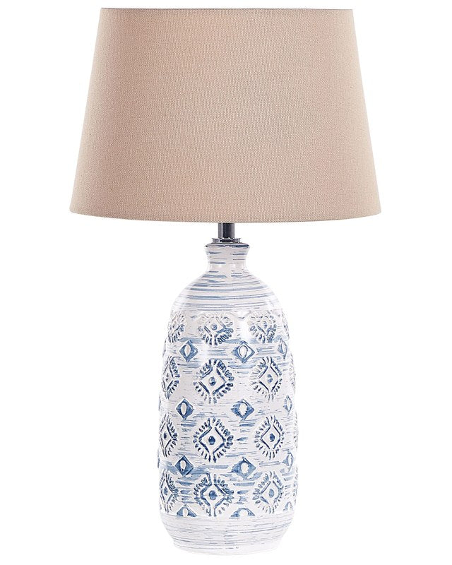 Table Lamp White and Blue Ceramic Base Fabric Shade Ambient Lighting Bedside Table Lamp Beliani