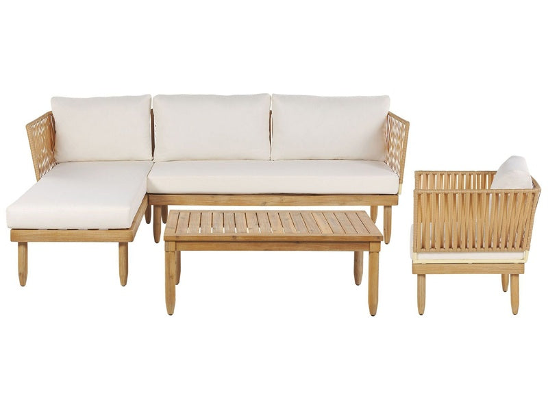 Outdoor Lounge Set Acacia Wood with White Cushions Faux Rattan Armchair Coffee Table Right Hand 4 Seater Beliani