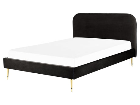 Bed Black Velvet Upholstery EU King Size Golden Legs Headboard Slatted Frame 5.3 ft Minimalist Design Beliani