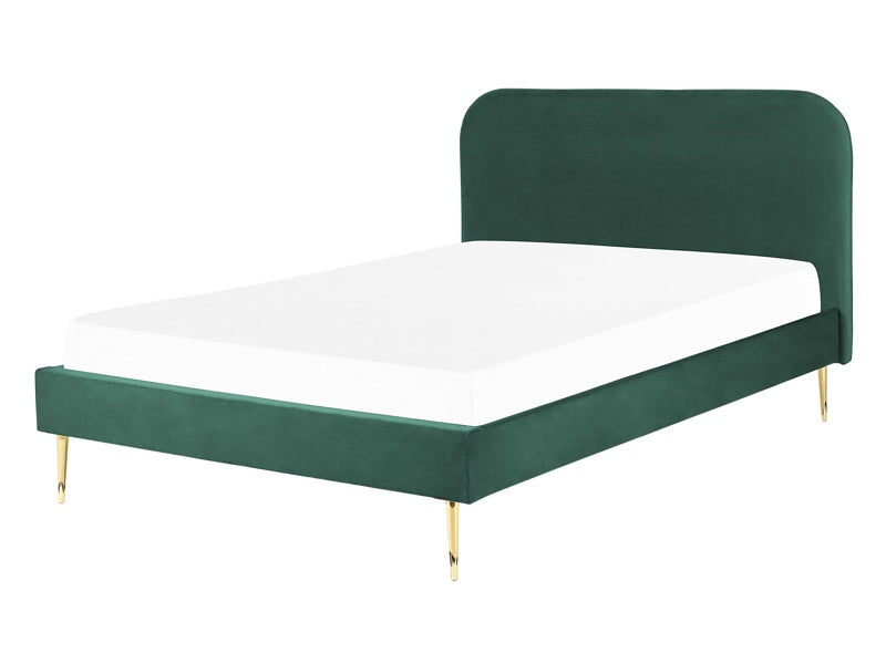 Bed Green Velvet Upholstery EU Double Size Golden Legs Headboard Slatted Frame 4.6 ft Minimalist Design Beliani