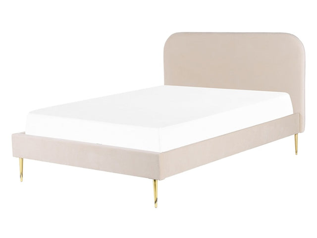 Bed Light Beige Velvet Upholstery EU Double Size Golden Legs Headboard Slatted Frame 4.6 ft Minimalist Design Beliani