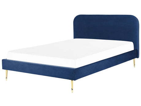 Bed Navy Blue Velvet Upholstery EU Super King Size Golden Legs Headboard Slatted Frame 6 ft Minimalist Design Beliani