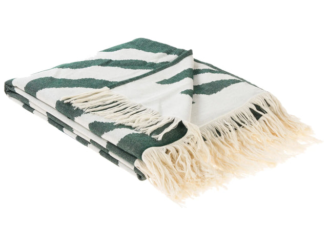 Blanket Green Acrylic and Polyester 130 x 170 cm Bed Throw Palm Pattern Fringes Bedroom Living Room Beliani