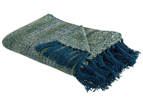 Blanket Blue and Green Acrylic 130 x 170 cm Tassels Boho Style Living Room Bedroom Accent Piece Beliani