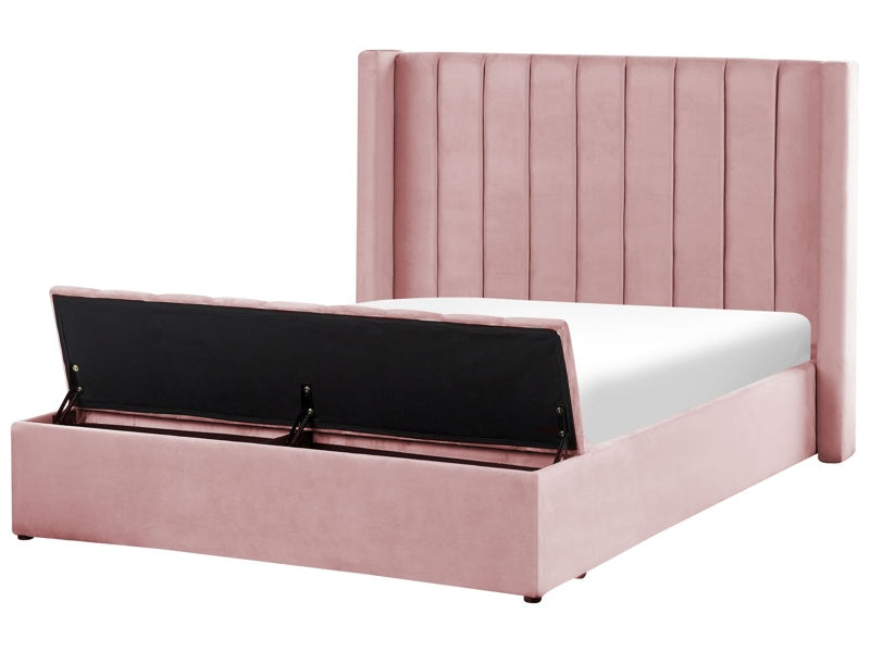 EU Double Size Panel Bed Pink Velvet 4ft6 Slatted Base High Headrest with Storage Bench Beliani