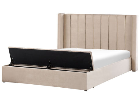 EU Super King Size Panel Bed Beige Velvet 6ft Slatted Base High Headrest with Storage Bench Beliani