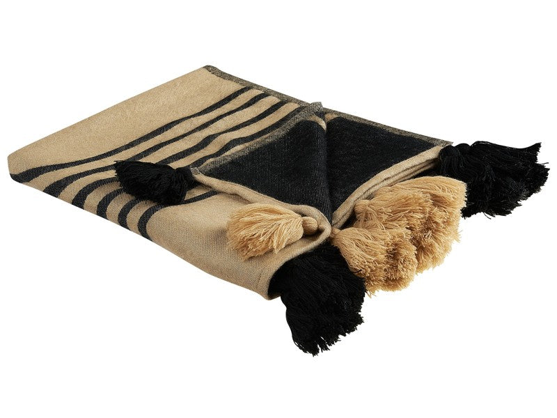 Blanket Beige and Black Acrylic and Polyester 130 x 170 cm Bed Throw Abstract Pattern Fringes Bedroom Living Room Beliani