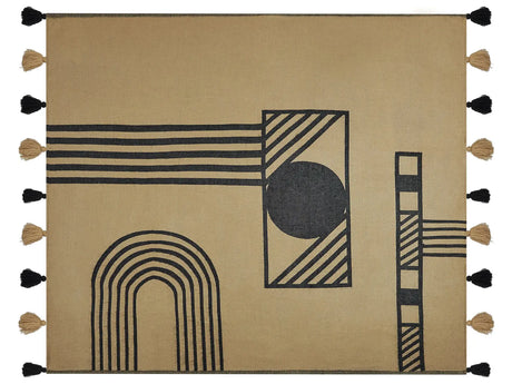 Blanket Beige and Black Acrylic and Polyester 130 x 170 cm Bed Throw Abstract Pattern Fringes Bedroom Living Room Beliani