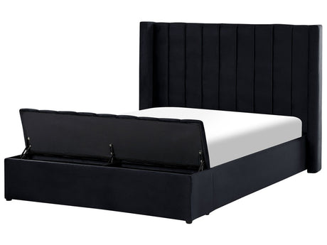 EU Double Size Panel Bed Black Velvet 4ft6 Slatted Base High Headrest with Storage Bench Beliani