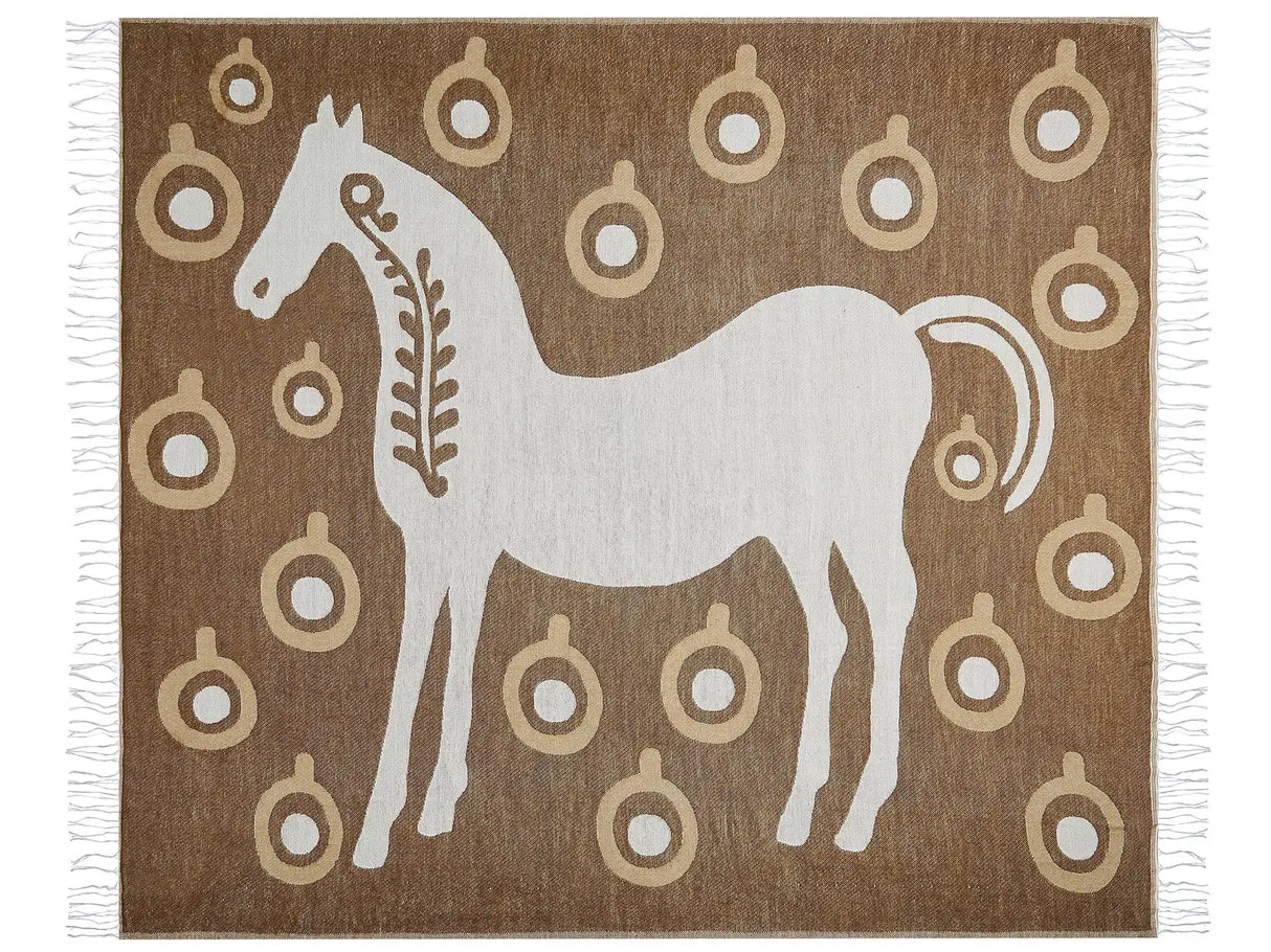 Blanket Brown Acrylic and Polyester 130 x 170 cm Bed Throw Horse Pattern Fringes Bedroom Living Room Beliani