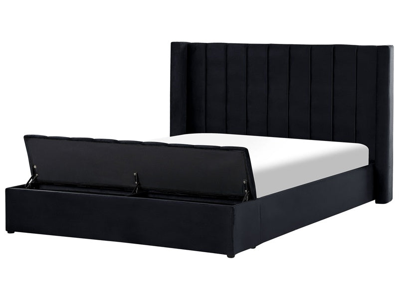 EU Super King Size Panel Bed Black Velvet 6ft Slatted Base High Headrest with Storage Bench Beliani