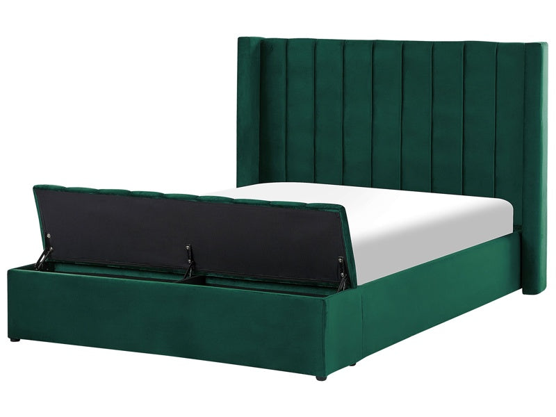 EU Double Size Panel Bed Green Velvet 4ft6 Slatted Base High Headrest with Storage Bench Beliani