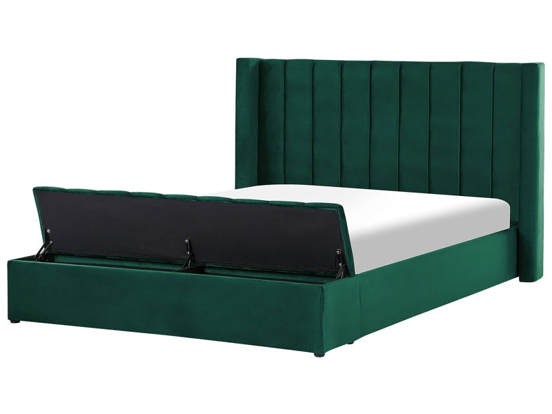 EU Super King Size Panel Bed Green Velvet 6ft Slatted Base High Headrest with Storage Bench Beliani