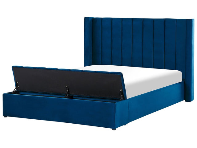 EU King Size Panel Bed Blue Velvet 5ft5 Slatted Base High Headrest with Storage Bench Beliani