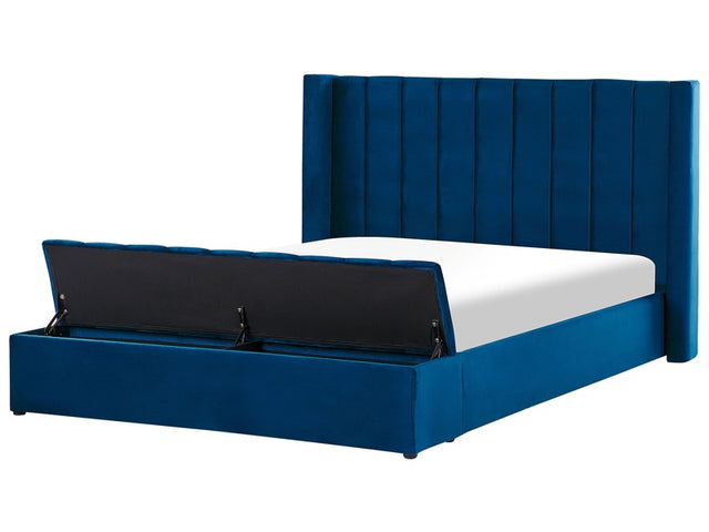 EU Super King Size Panel Bed Blue Velvet 6ft Slatted Base High Headrest with Storage Bench Beliani