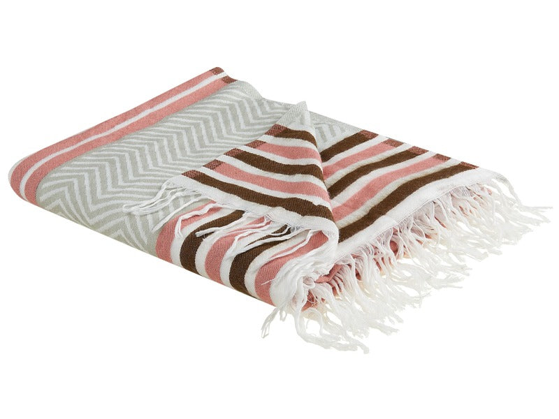 Blanket Pink and Beige Acrylic and Polyester 130 x 170 cm Bed Throw Geometric Pattern Fringes Bedroom Living Room Beliani