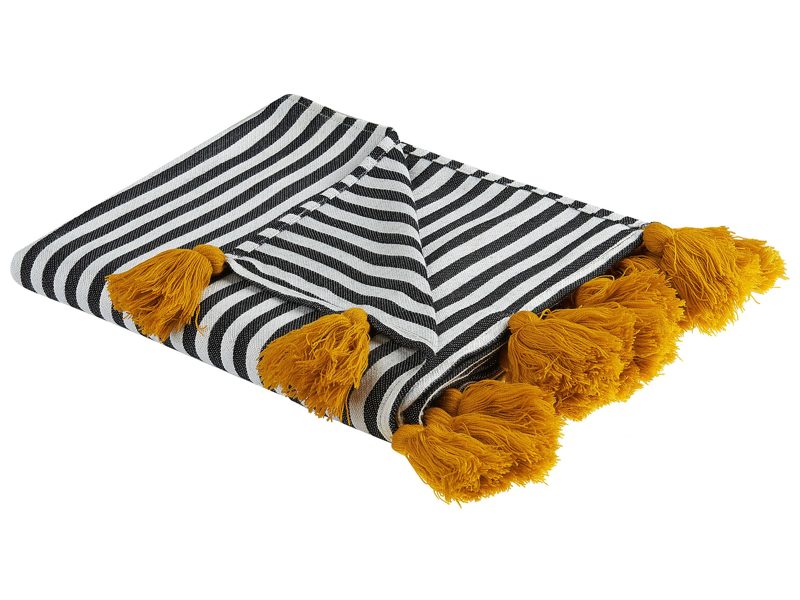 Blanket  Black and White Polyester and Acrylic Blend 130 x 170 cm Decorative Striped Double-Sided Pattern Beliani