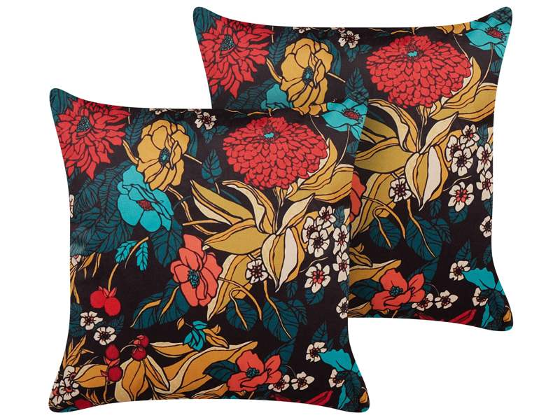 Set of 2 Decorative Cushions Multicolour Velvet 45 x 45 cm Leaf and Floral Pattern Boho Decor Accessories Beliani