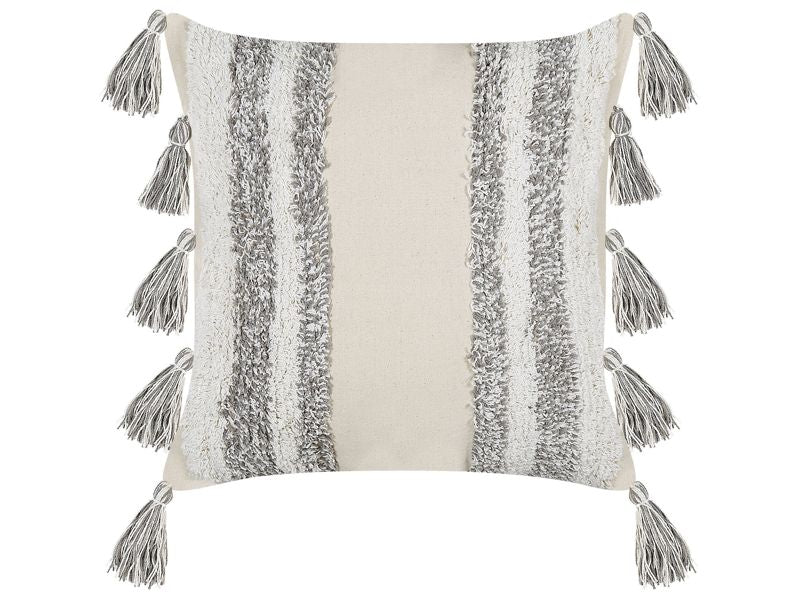 Decorative Cushion Beige and Grey Cotton 45 x 45 cm With Tassels Striped Pattern Beliani