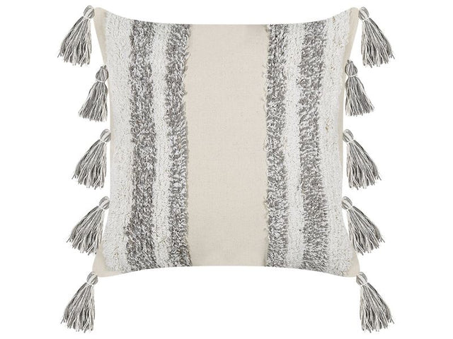 Decorative Cushion Beige and Grey Cotton 45 x 45 cm With Tassels Striped Pattern Beliani