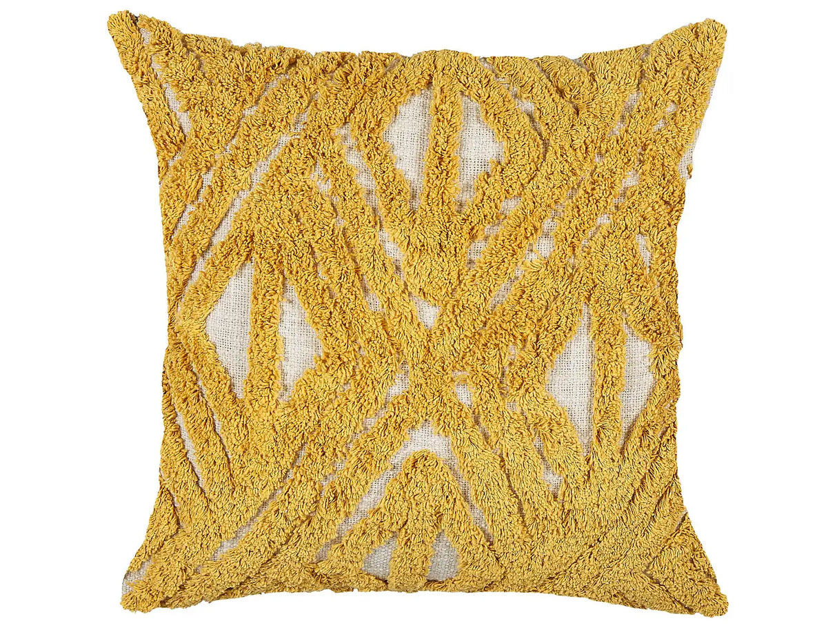 Scatter Cushion Yellow Cotton 45 x 45 cm Geometric Pattern Slub Tufted Embroidered Removable Covers with Filling Boho Style Beliani
