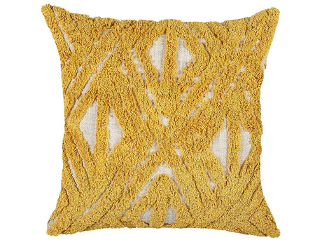 Scatter Cushion Yellow Cotton 45 x 45 cm Geometric Pattern Slub Tufted Embroidered Removable Covers with Filling Boho Style Beliani