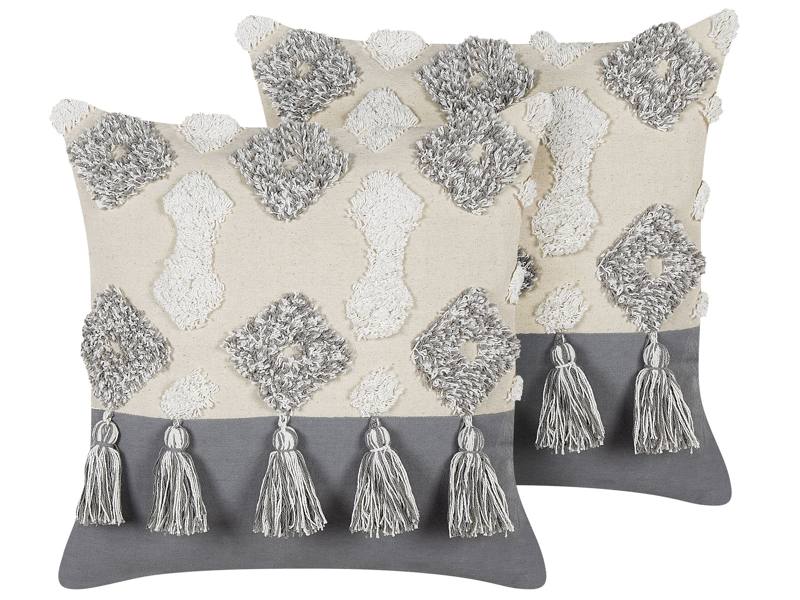 Decorative Cushions White and Grey Cotton 45 x 45 cm With Tassels Diamond Pattern Beliani