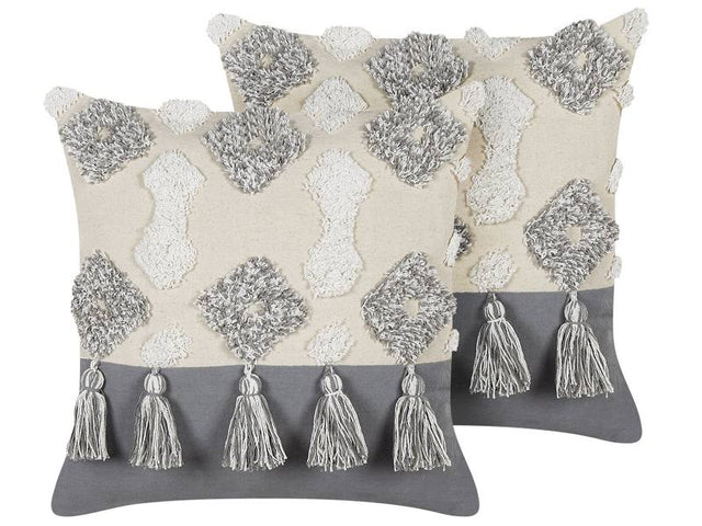 Decorative Cushions White and Grey Cotton 45 x 45 cm With Tassels Diamond Pattern Beliani