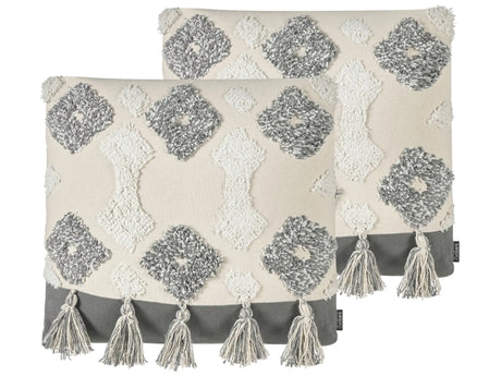 Decorative Cushions White and Grey Cotton 45 x 45 cm With Tassels Diamond Pattern Beliani