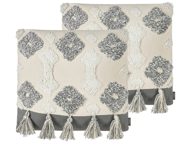 Decorative Cushions White and Grey Cotton 45 x 45 cm With Tassels Diamond Pattern Beliani